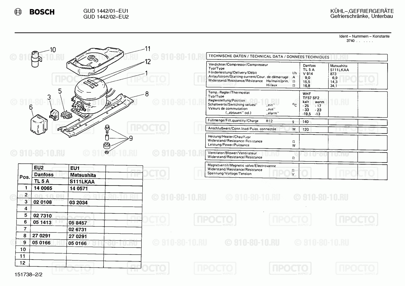 Холодильник Bosch GUD1442/01 - взрыв-схема