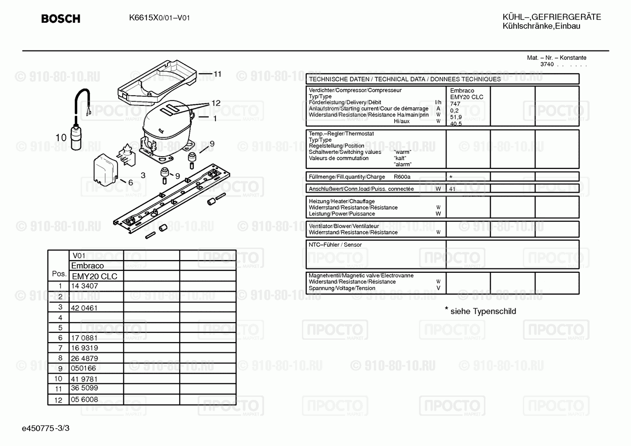 Холодильник Bosch K6615X0/01 - взрыв-схема