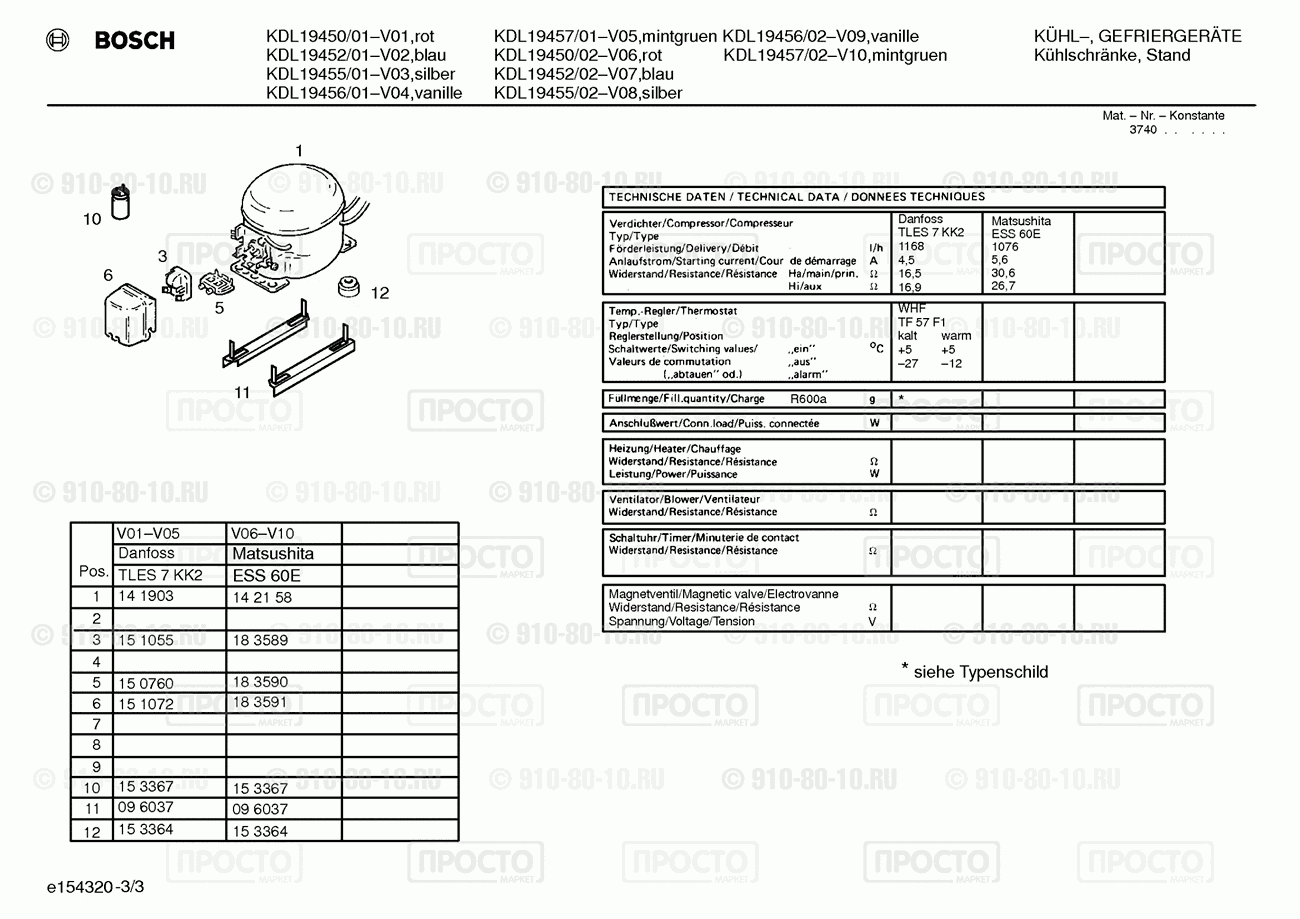 Холодильник Bosch KDL19450/02 - взрыв-схема