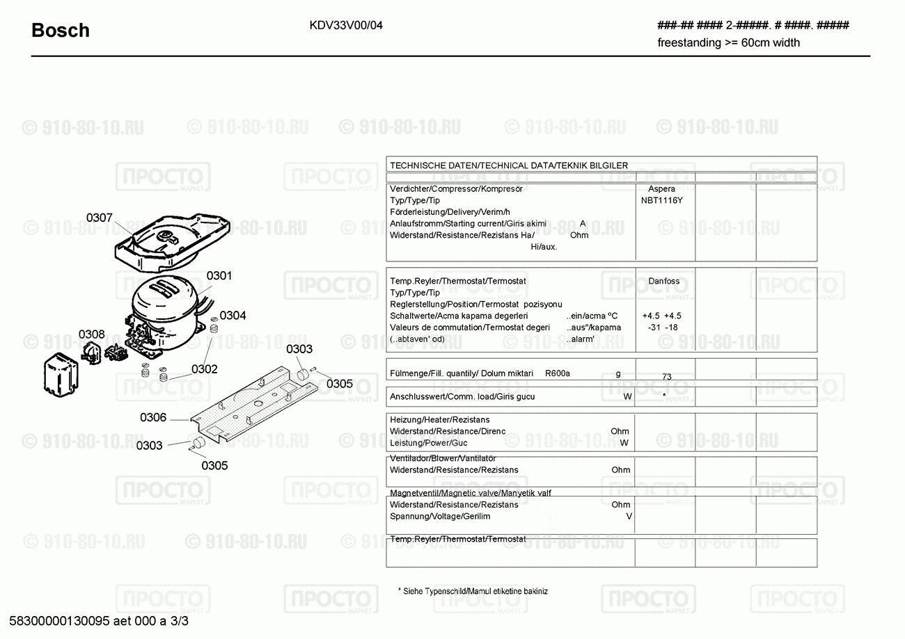 Холодильник Bosch KDV33V00/04 - взрыв-схема