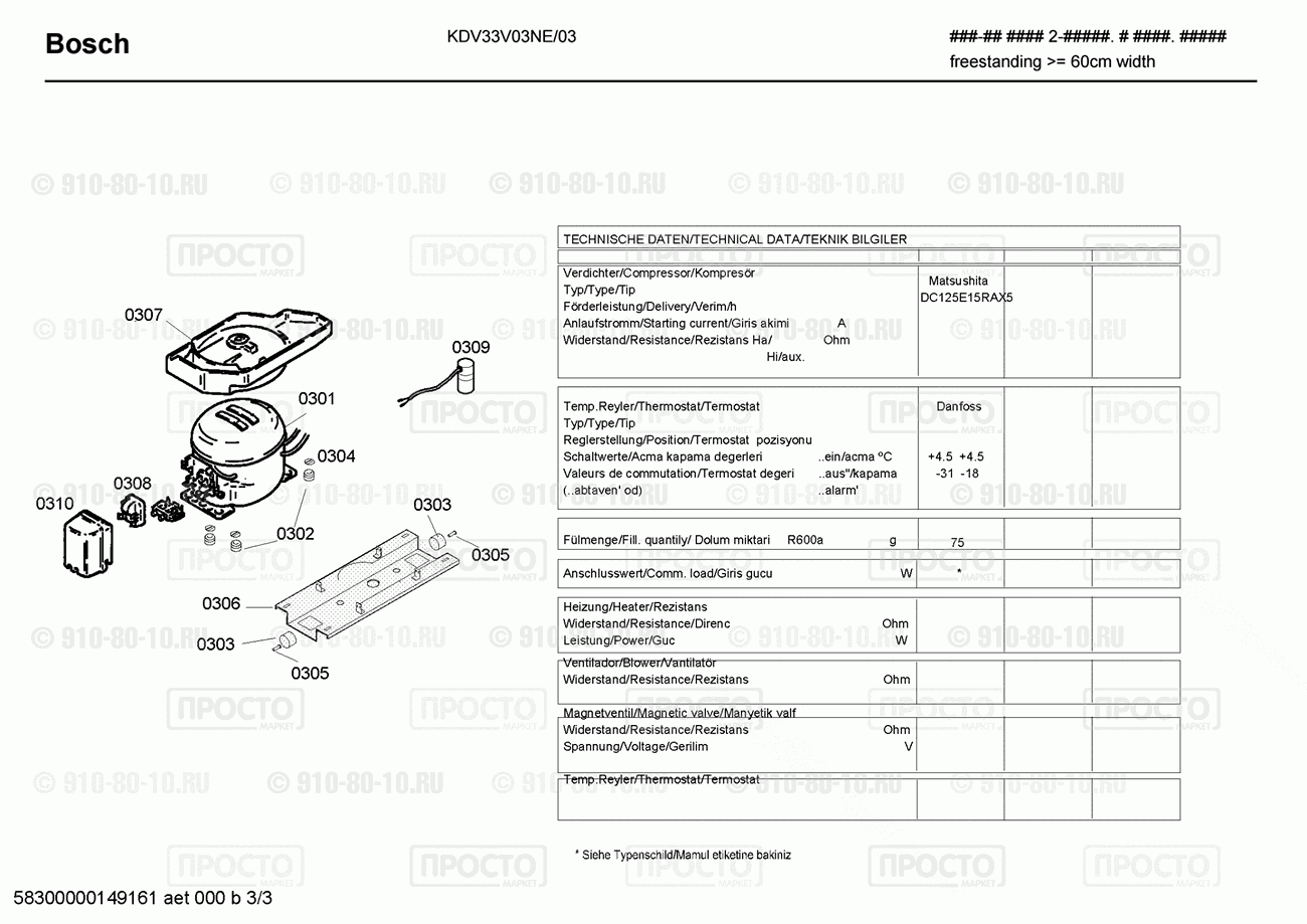 Холодильник Bosch KDV33V03NE/03 - взрыв-схема