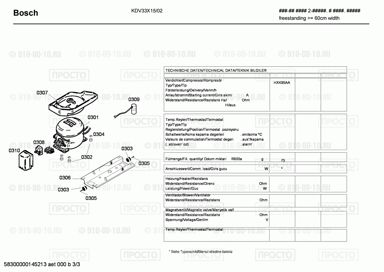 Холодильник Bosch KDV33X15/02 - взрыв-схема