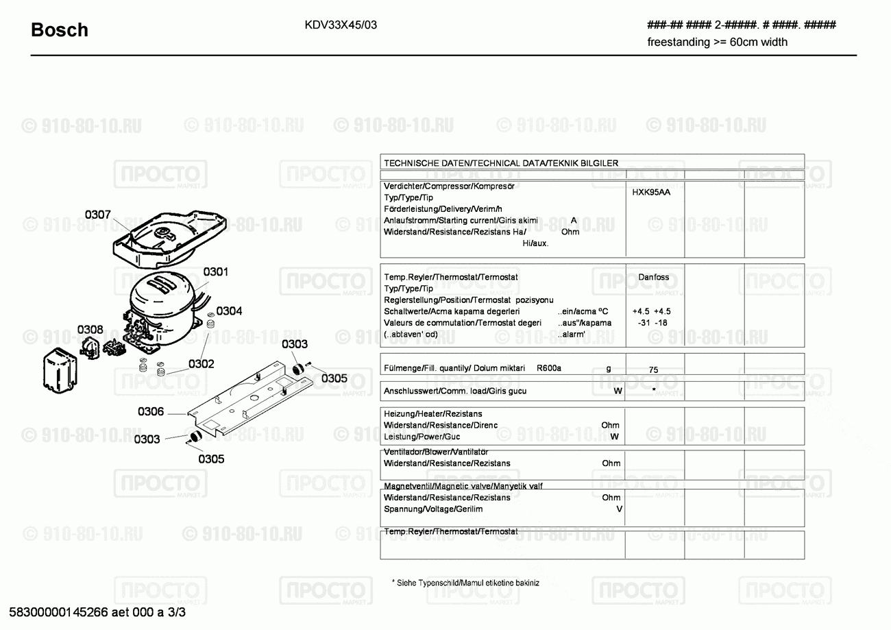 Холодильник Bosch KDV33X45/03 - взрыв-схема