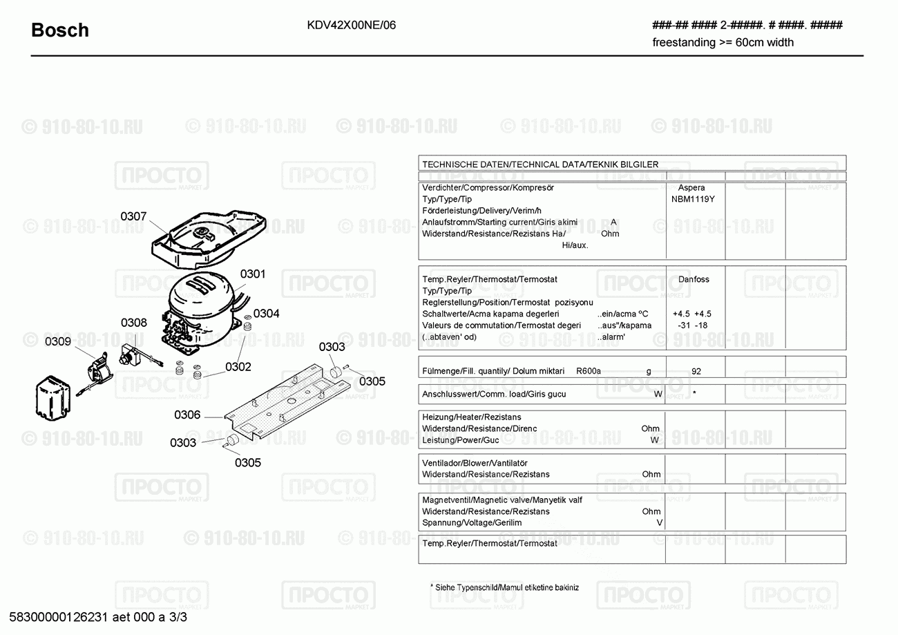 Холодильник Bosch KDV42X00NE/06 - взрыв-схема
