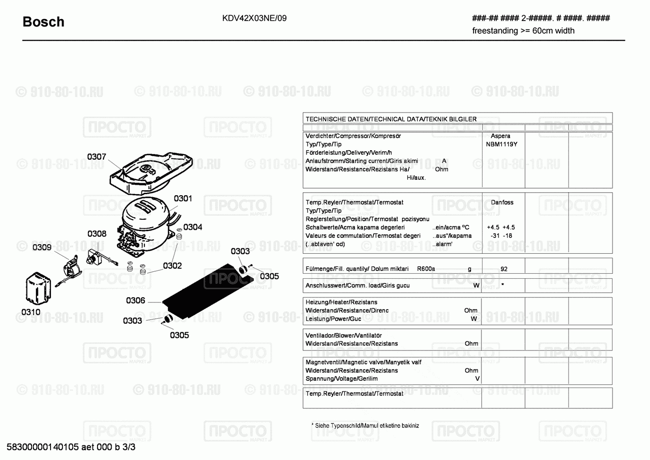 Холодильник Bosch KDV42X03NE/09 - взрыв-схема