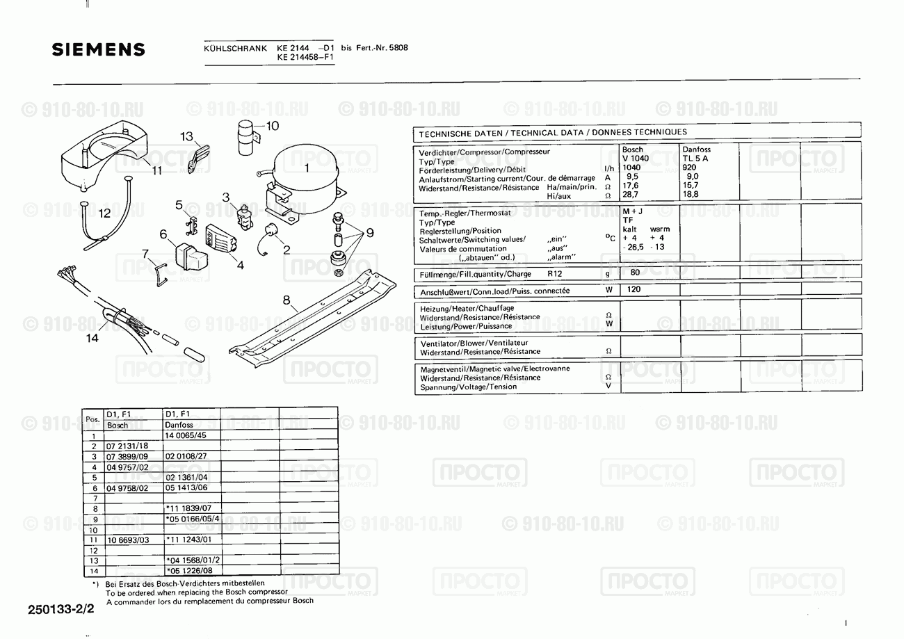 Холодильник Siemens KE2144(00) - взрыв-схема