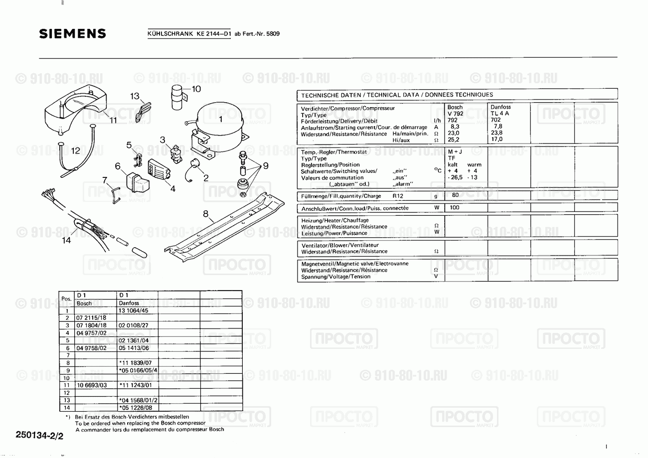 Холодильник Siemens KE2144(01) - взрыв-схема