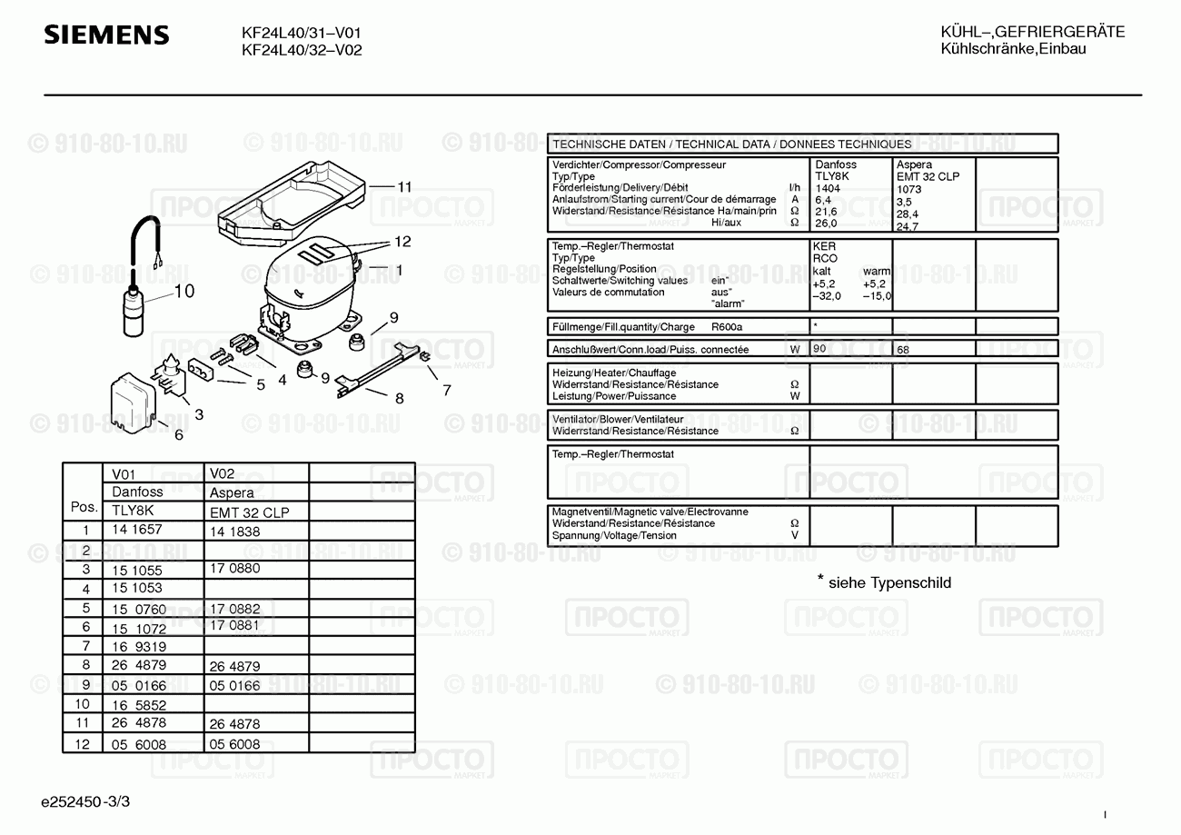 Холодильник Siemens KF24L40/31 - взрыв-схема