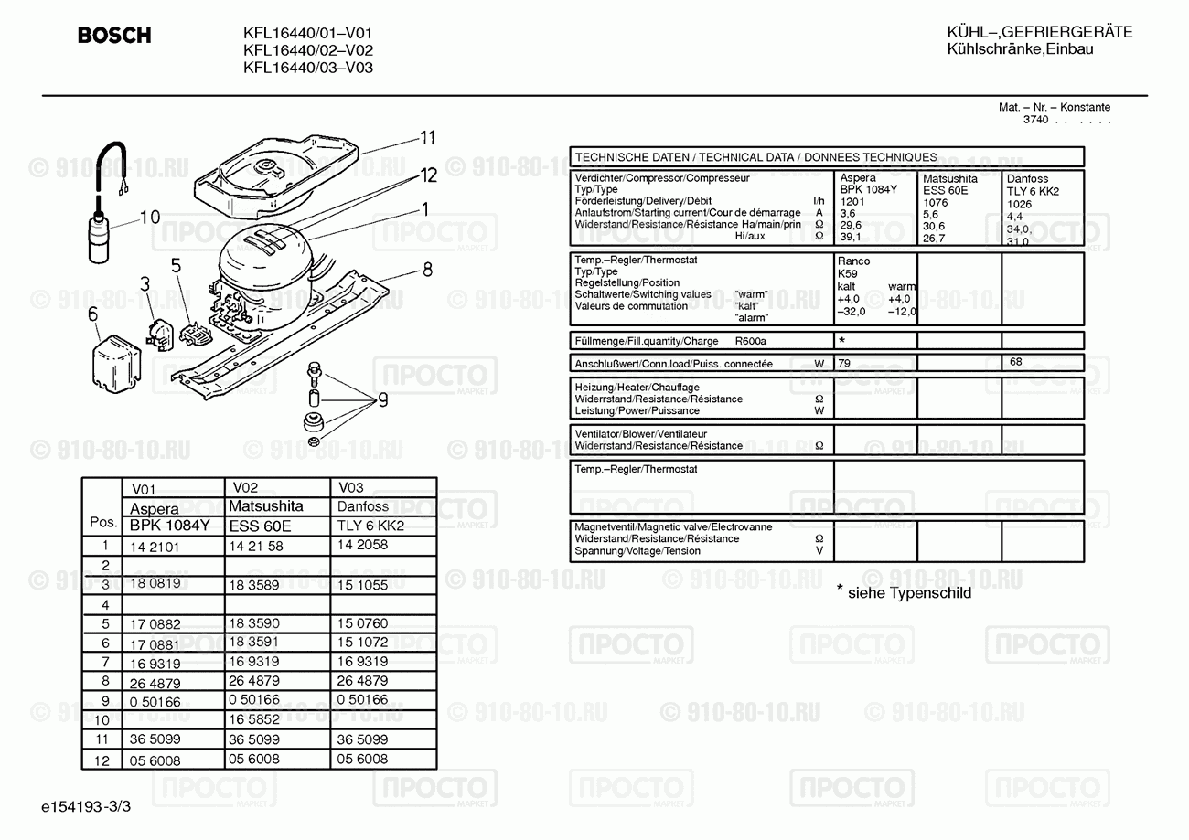 Холодильник Bosch KFL16440/03 - взрыв-схема