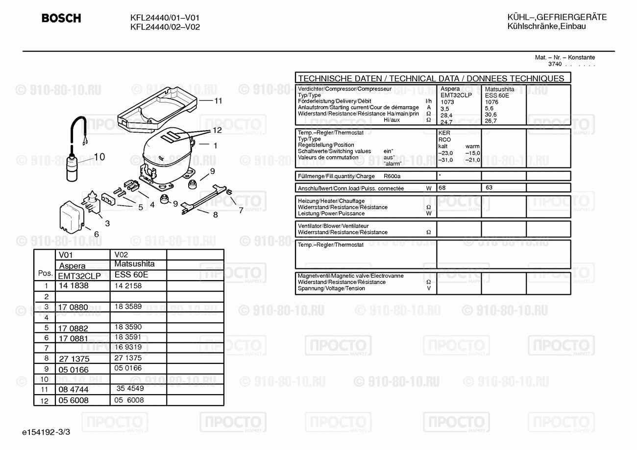 Холодильник Bosch KFL24440/01 - взрыв-схема
