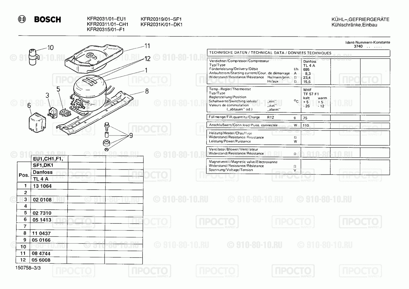 Холодильник Bosch KFR2031/01 - взрыв-схема