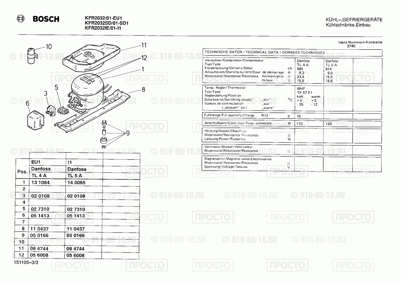 Холодильник Bosch KFR2032IE/01 - взрыв-схема