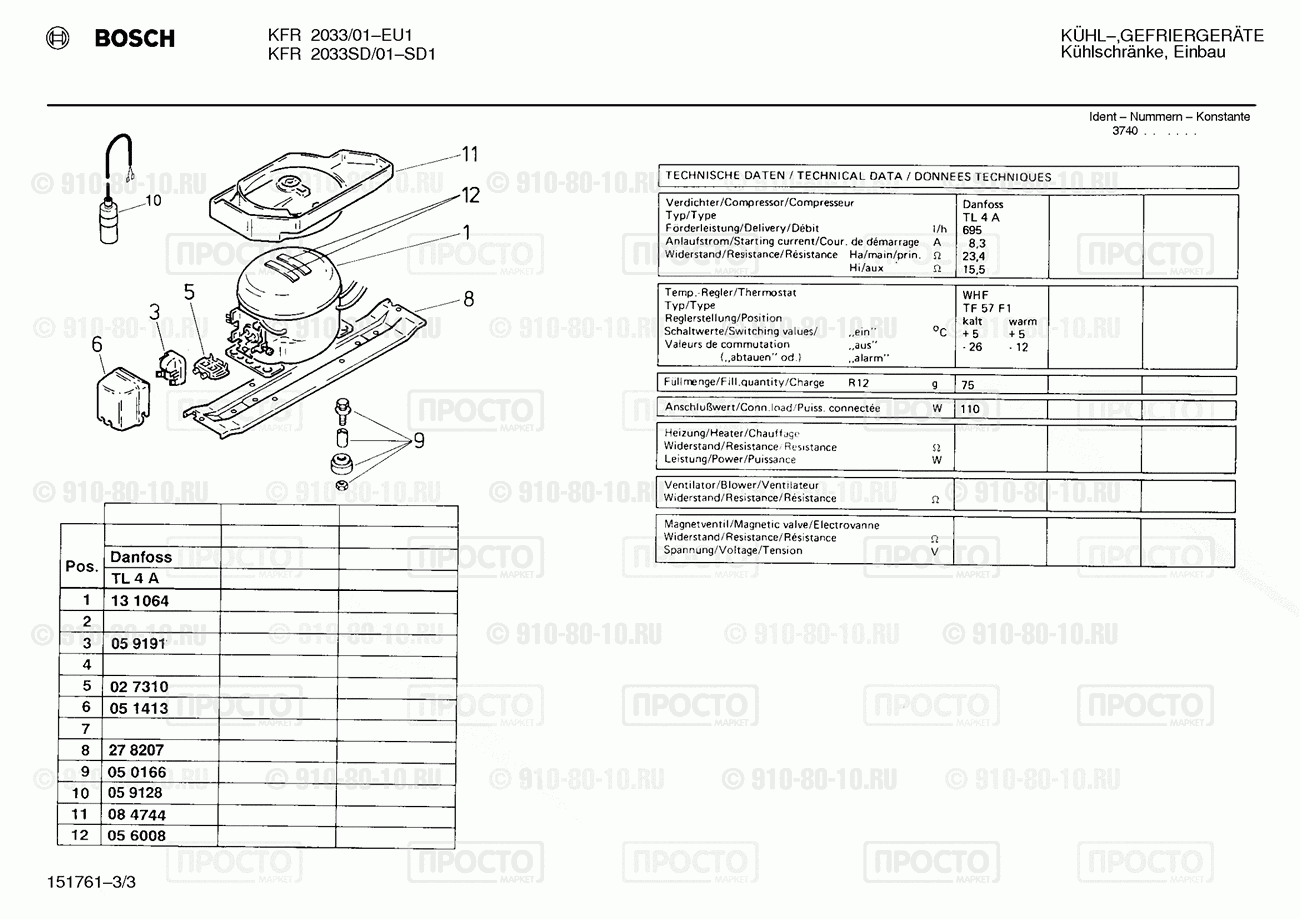 Холодильник Bosch KFR2033/01 - взрыв-схема