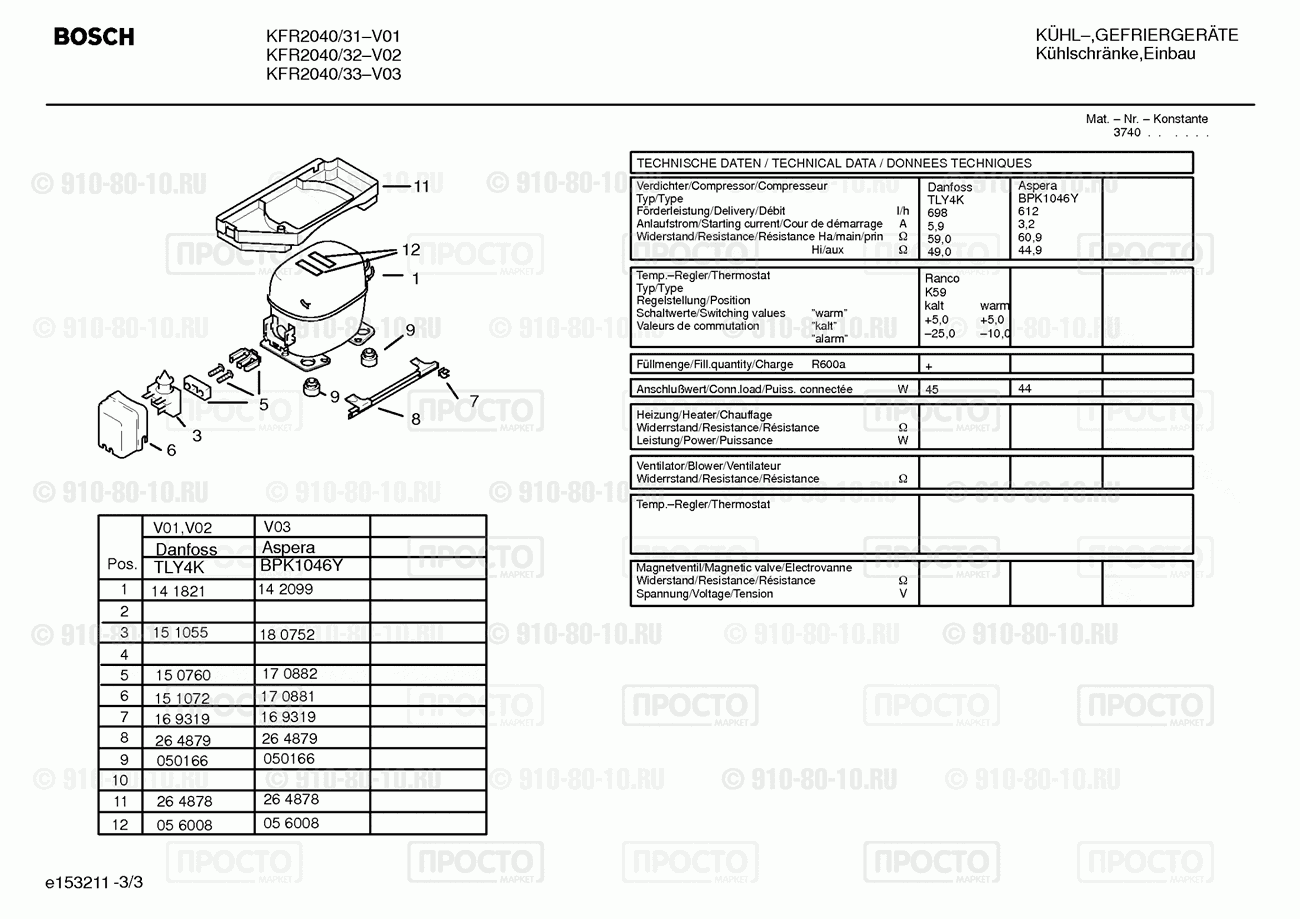 Холодильник Bosch KFR2040/33 - взрыв-схема