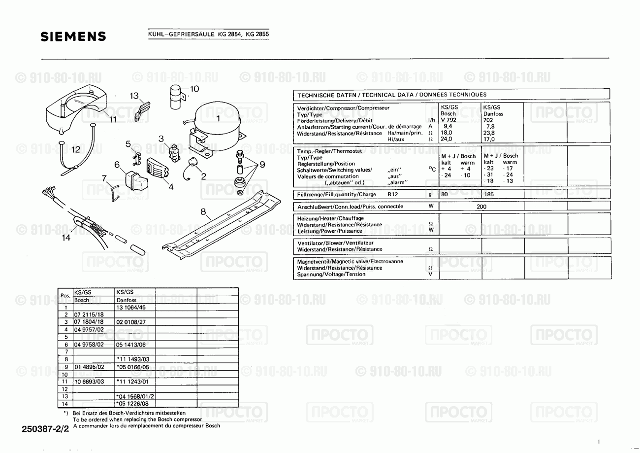 Холодильник Siemens KG2854(00) - взрыв-схема