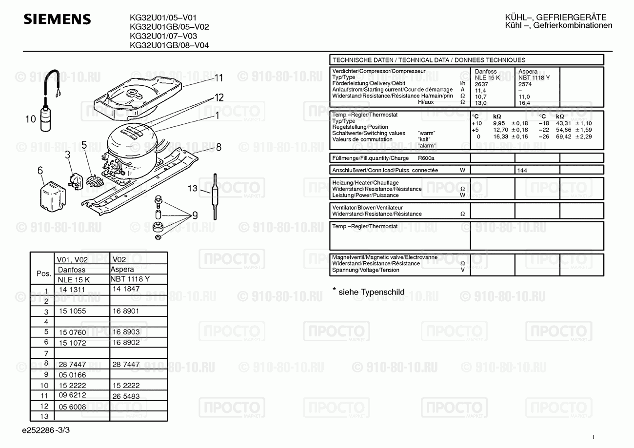 Холодильник Siemens KG32U01/05 - взрыв-схема