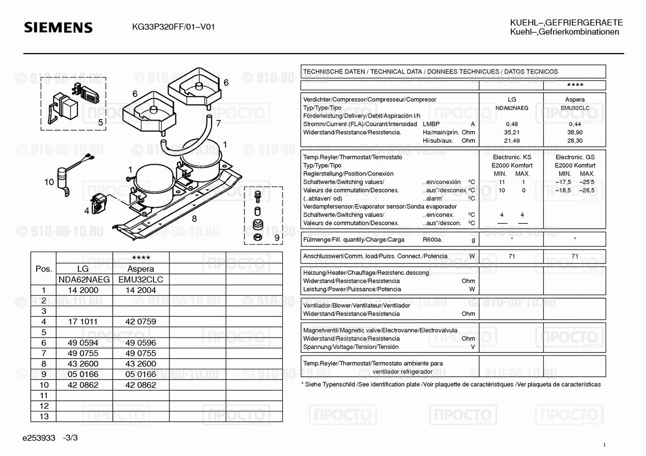 Холодильник Siemens KG33P320FF/01 - взрыв-схема