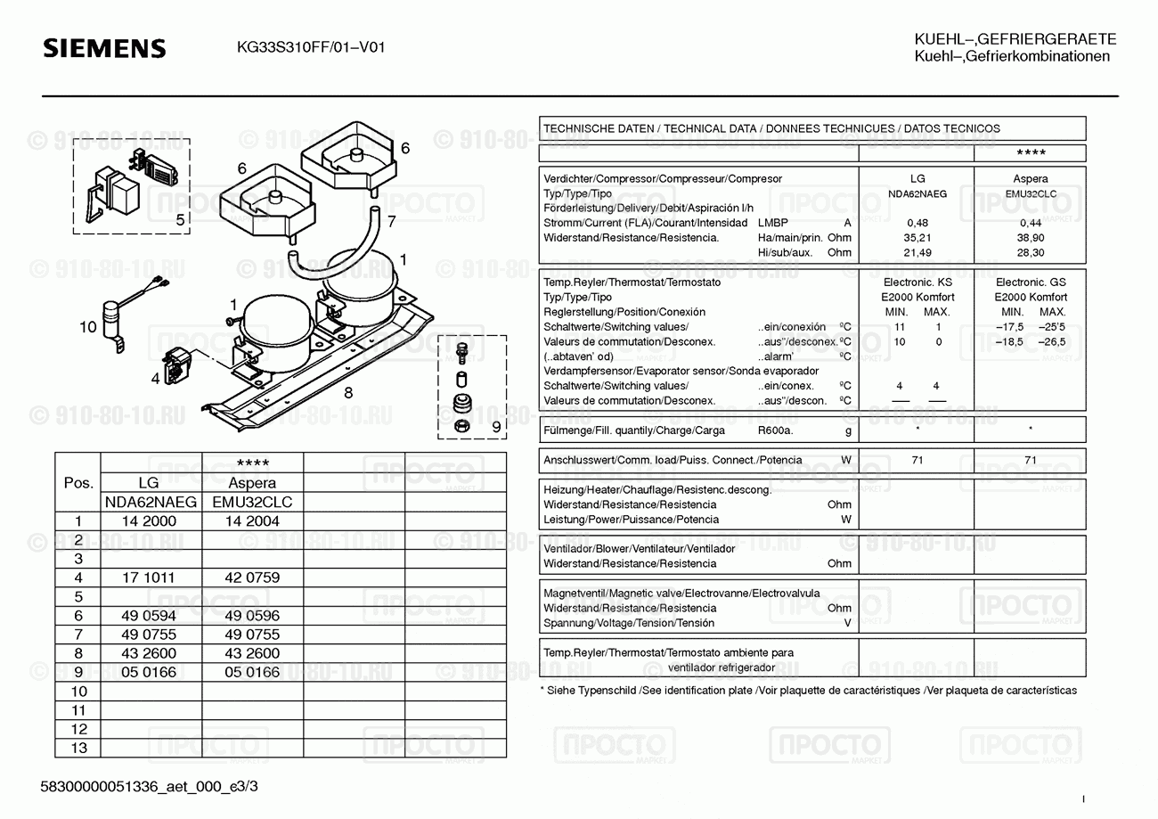 Холодильник Siemens KG33S310FF/01 - взрыв-схема