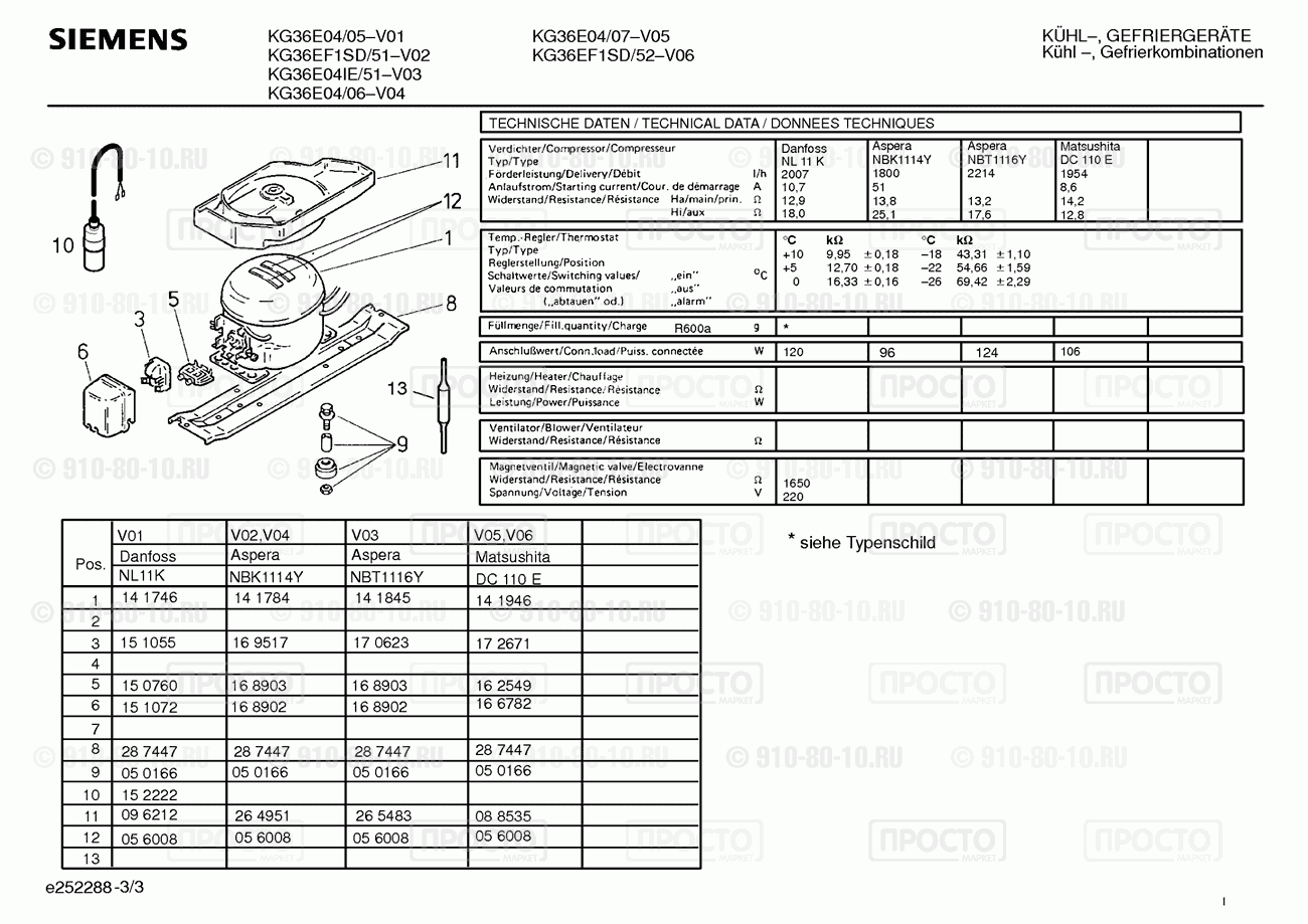 Холодильник Siemens KG36E04/05 - взрыв-схема