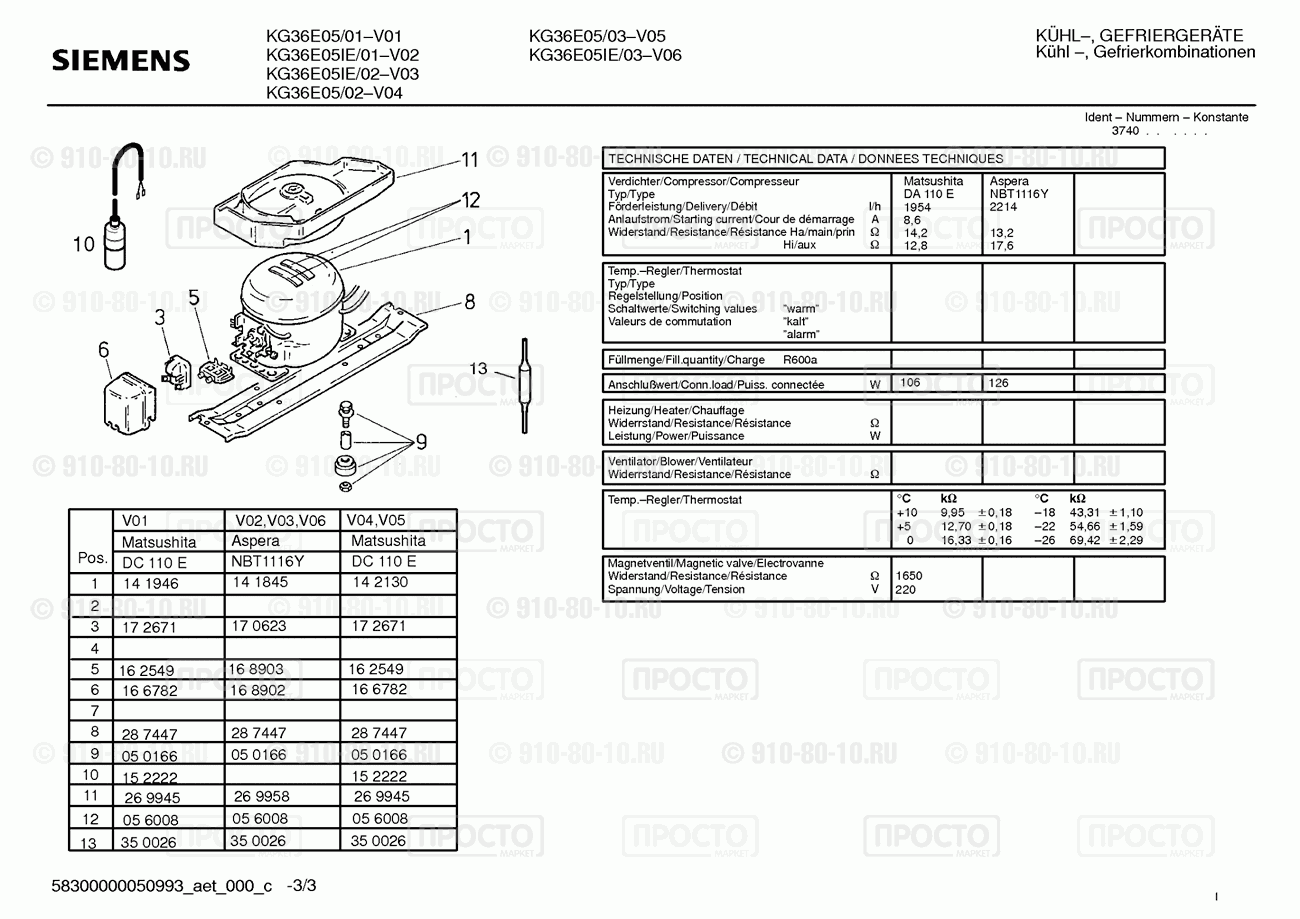 Холодильник Siemens KG36E05/02 - взрыв-схема