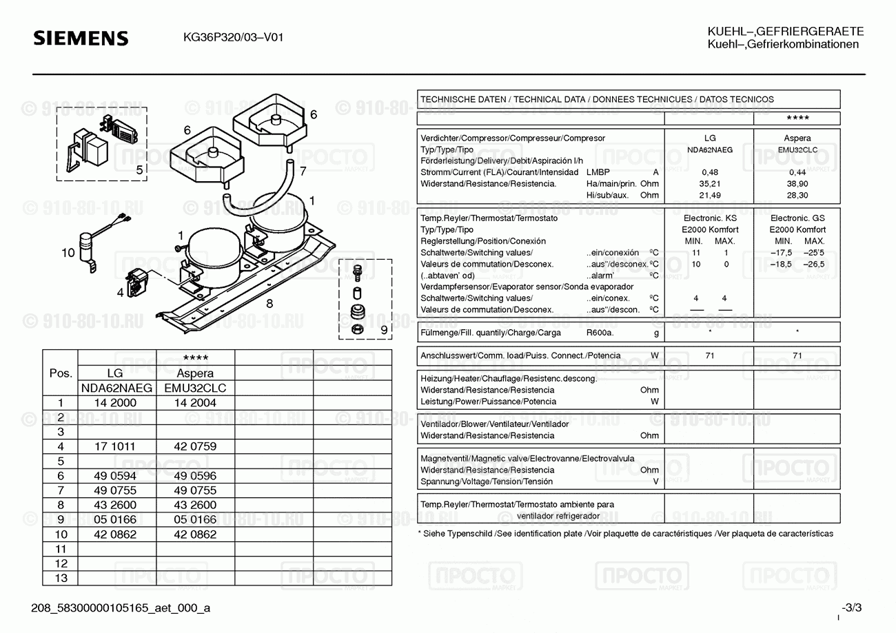 Холодильник Siemens KG36P320/03 - взрыв-схема