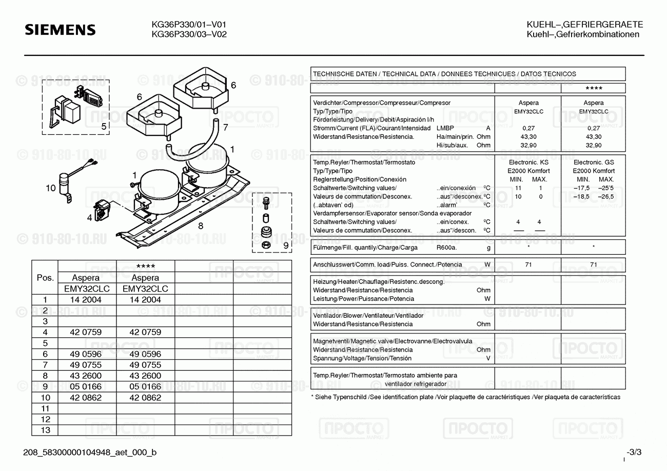 Холодильник Siemens KG36P330/03 - взрыв-схема