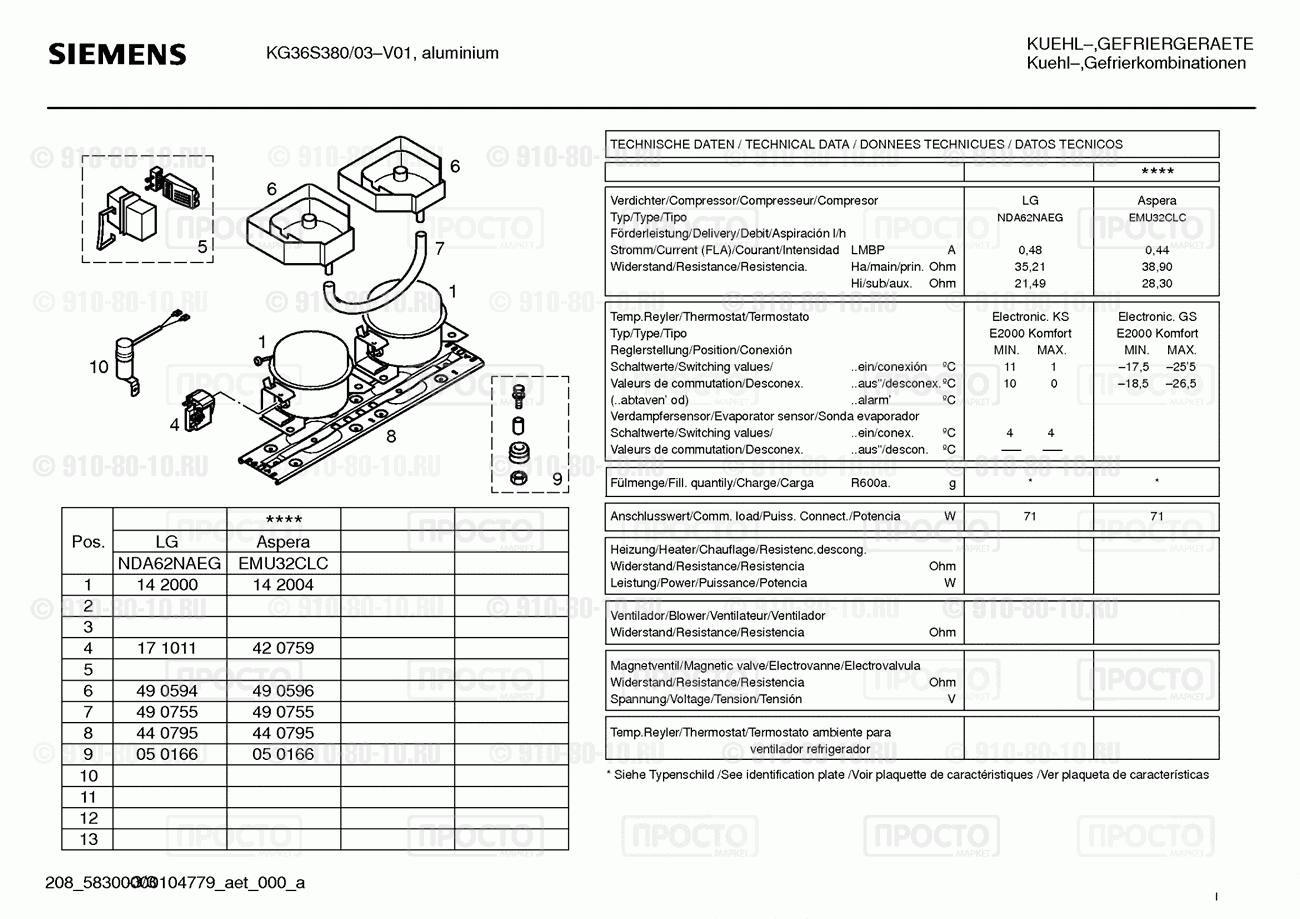 Холодильник Siemens KG36S380/03 - взрыв-схема