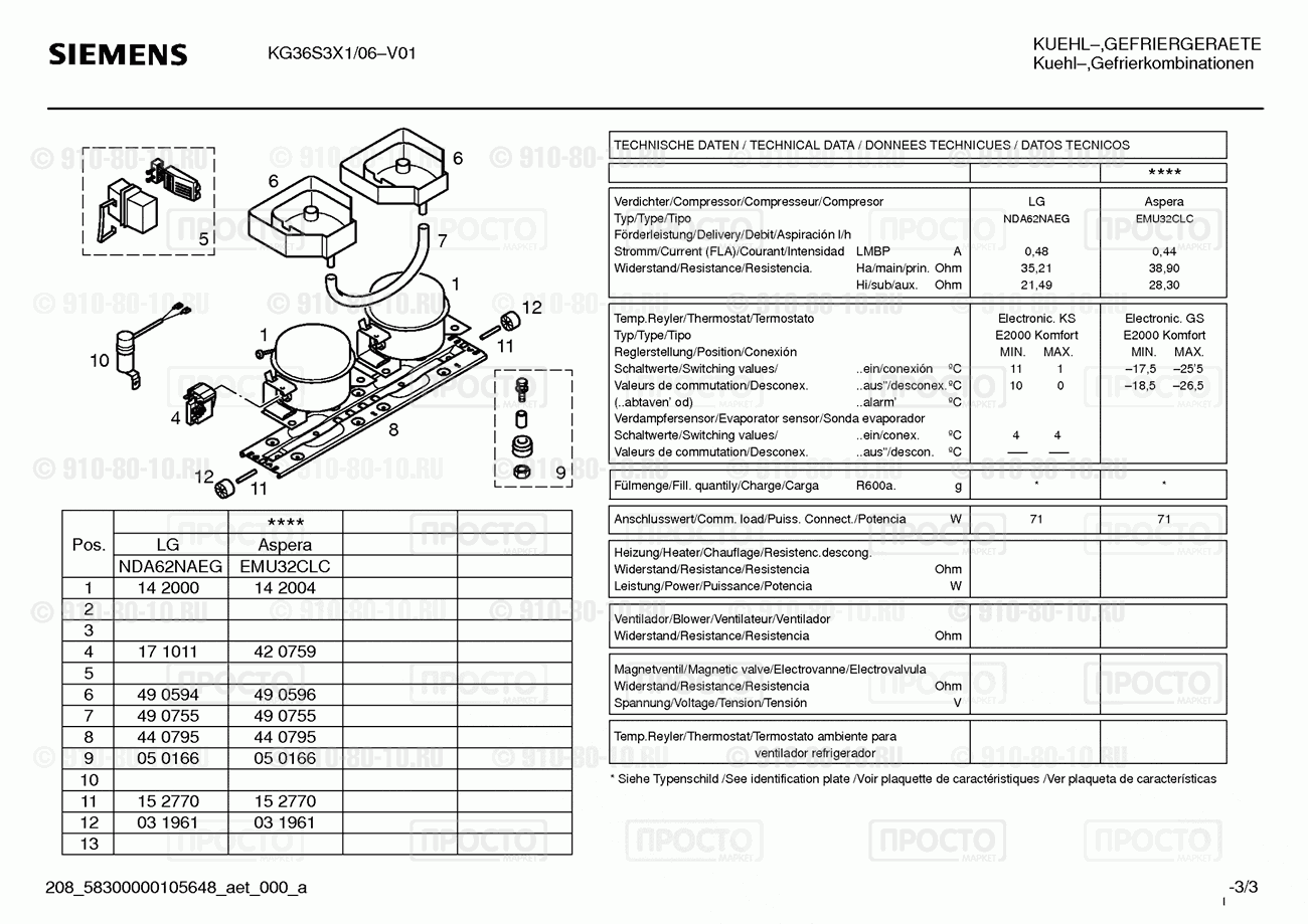 Холодильник Siemens KG36S3X1/06 - взрыв-схема