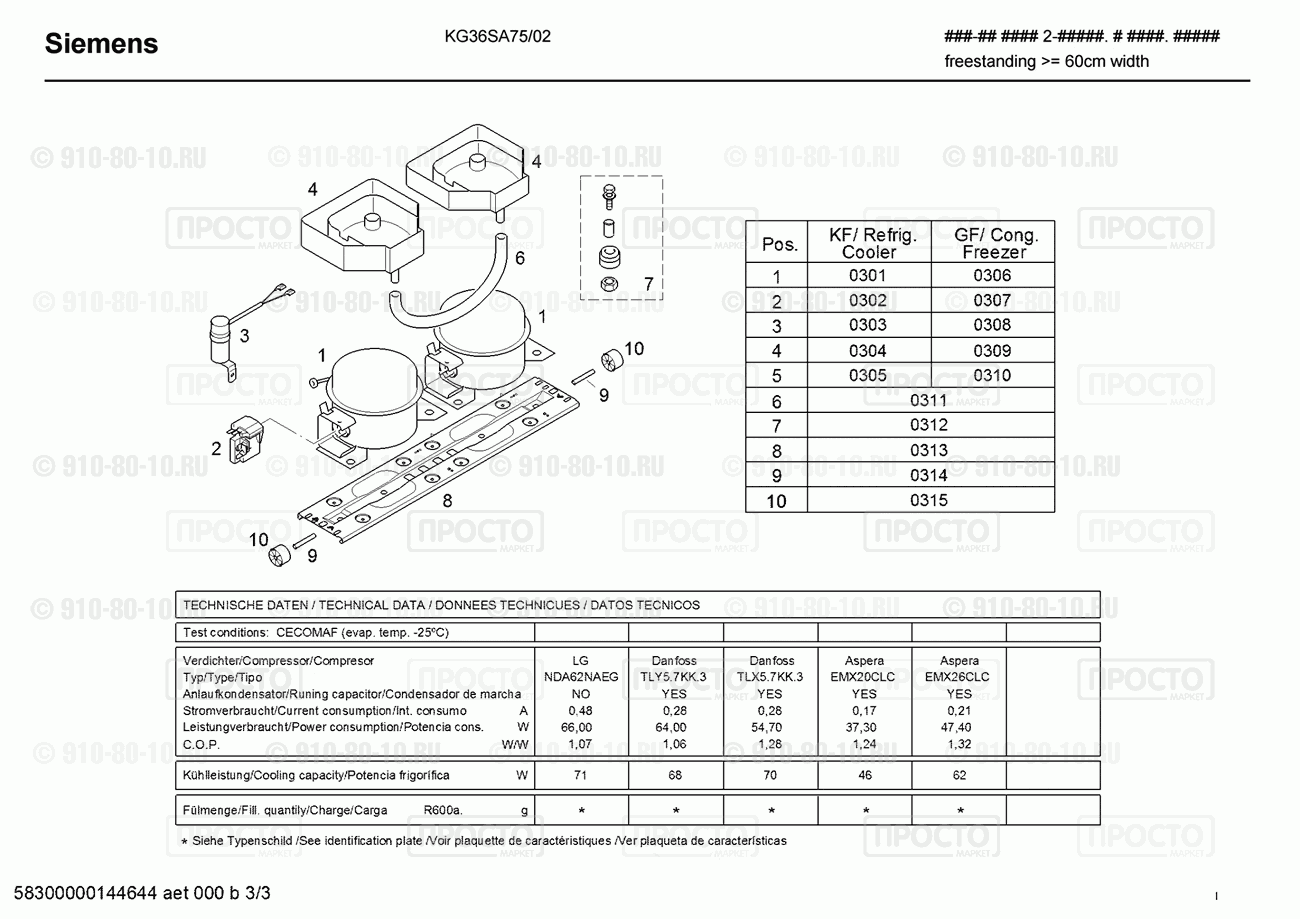 Холодильник Siemens KG36SA75/02 - взрыв-схема