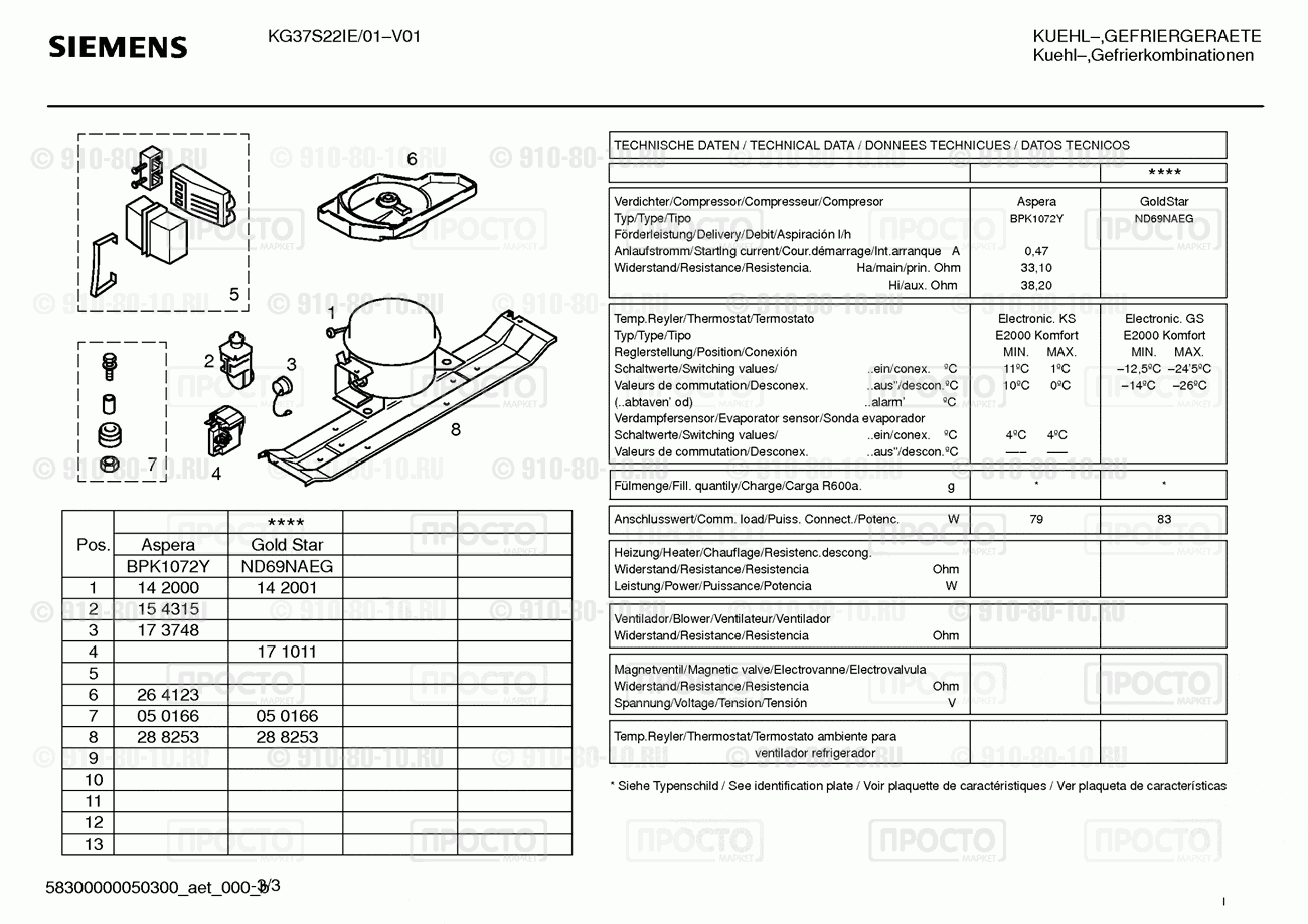 Холодильник Siemens KG37S22IE/01 - взрыв-схема