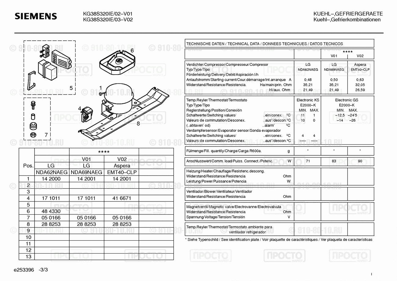 Холодильник Siemens KG38S320IE/03 - взрыв-схема