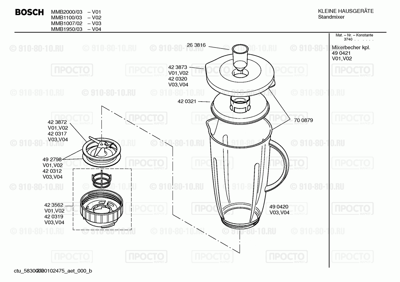 Миксер, блендер, комбаин Bosch MMB1100/03 - взрыв-схема