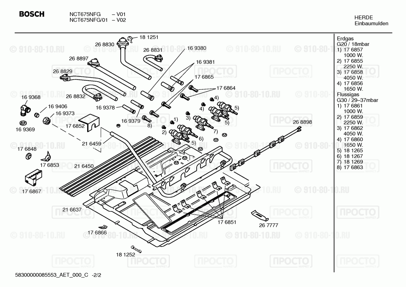 Варочная панель Bosch NCT675NFG(00) - взрыв-схема