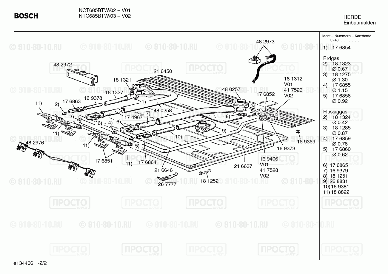 Варочная панель Bosch NCT685BTW/02 - взрыв-схема