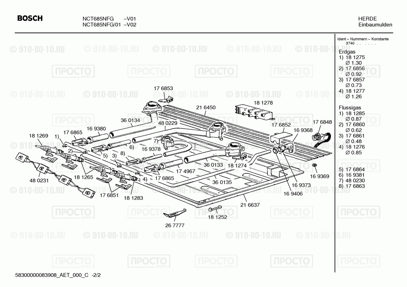 Варочная панель Bosch NCT685NFG/01 - взрыв-схема