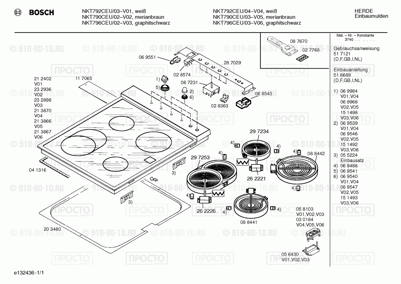 Варочная панель Bosch NKT790CEU/02 - взрыв-схема