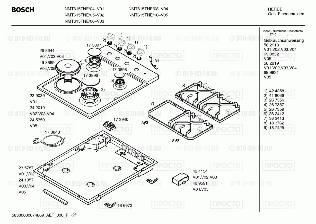 Варочная панель Bosch NMT615TNE/04 - взрыв-схема
