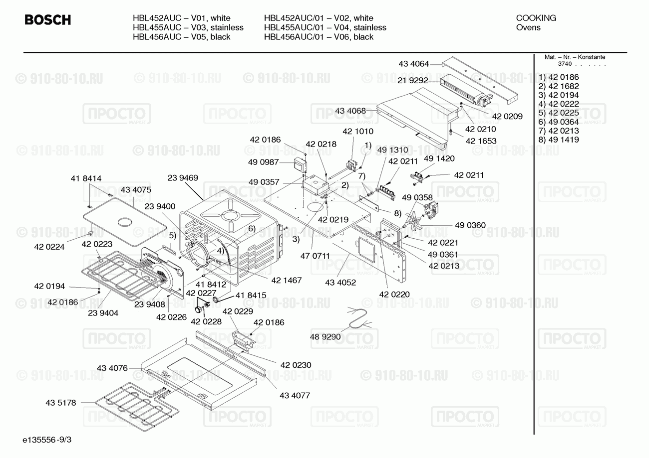Духовой шкаф Bosch HBL456AUC/01 - взрыв-схема