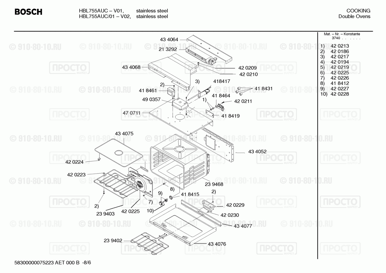 Духовой шкаф Bosch HBL755AUC(00) - взрыв-схема