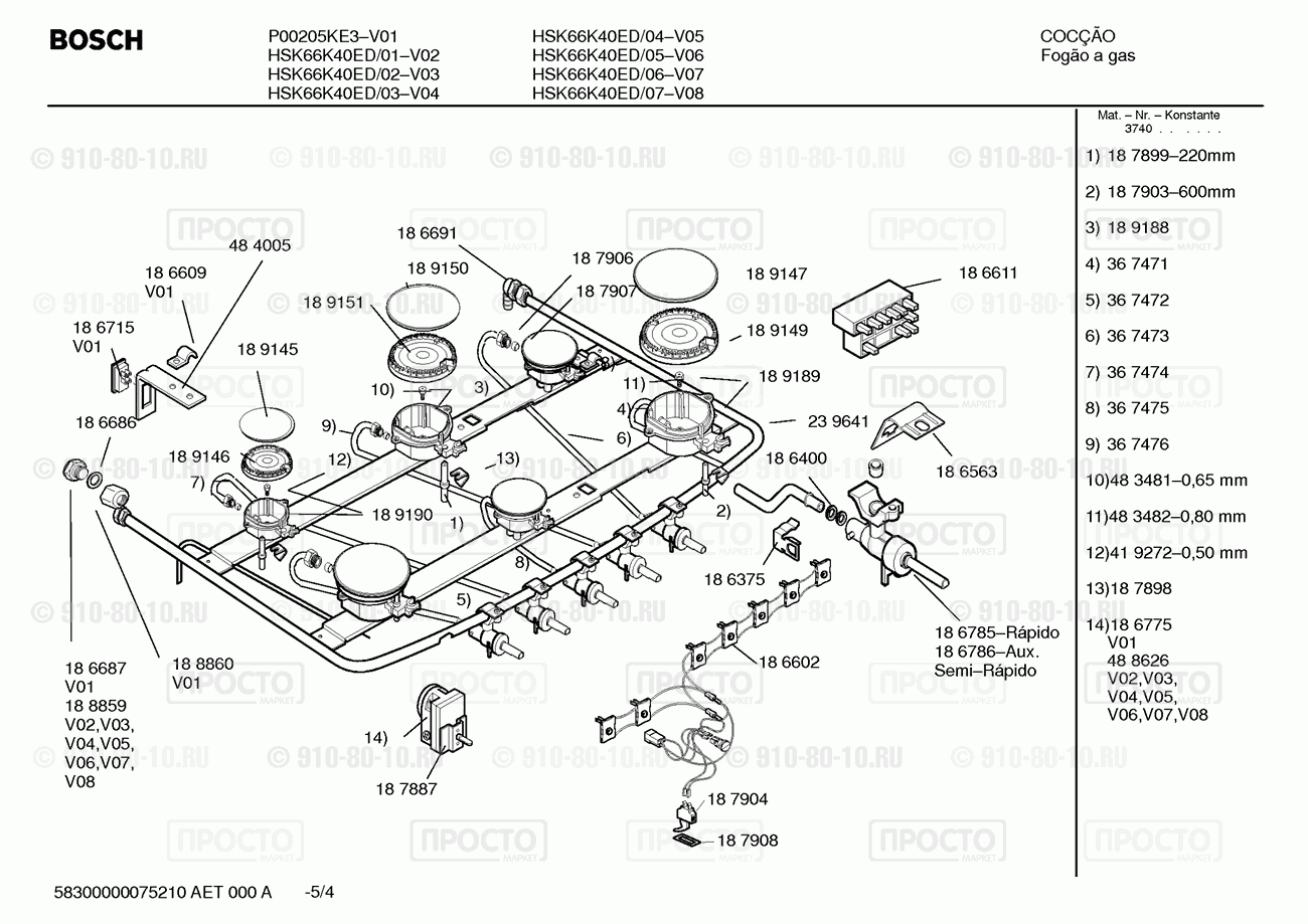 Газовая или электро плита Bosch P00205KE3(00) - взрыв-схема