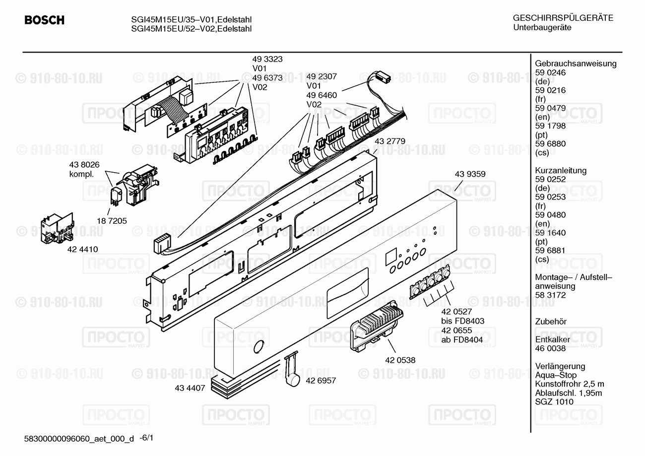 Посудомоечная машина Bosch SGI45M15EU/35 - взрыв-схема