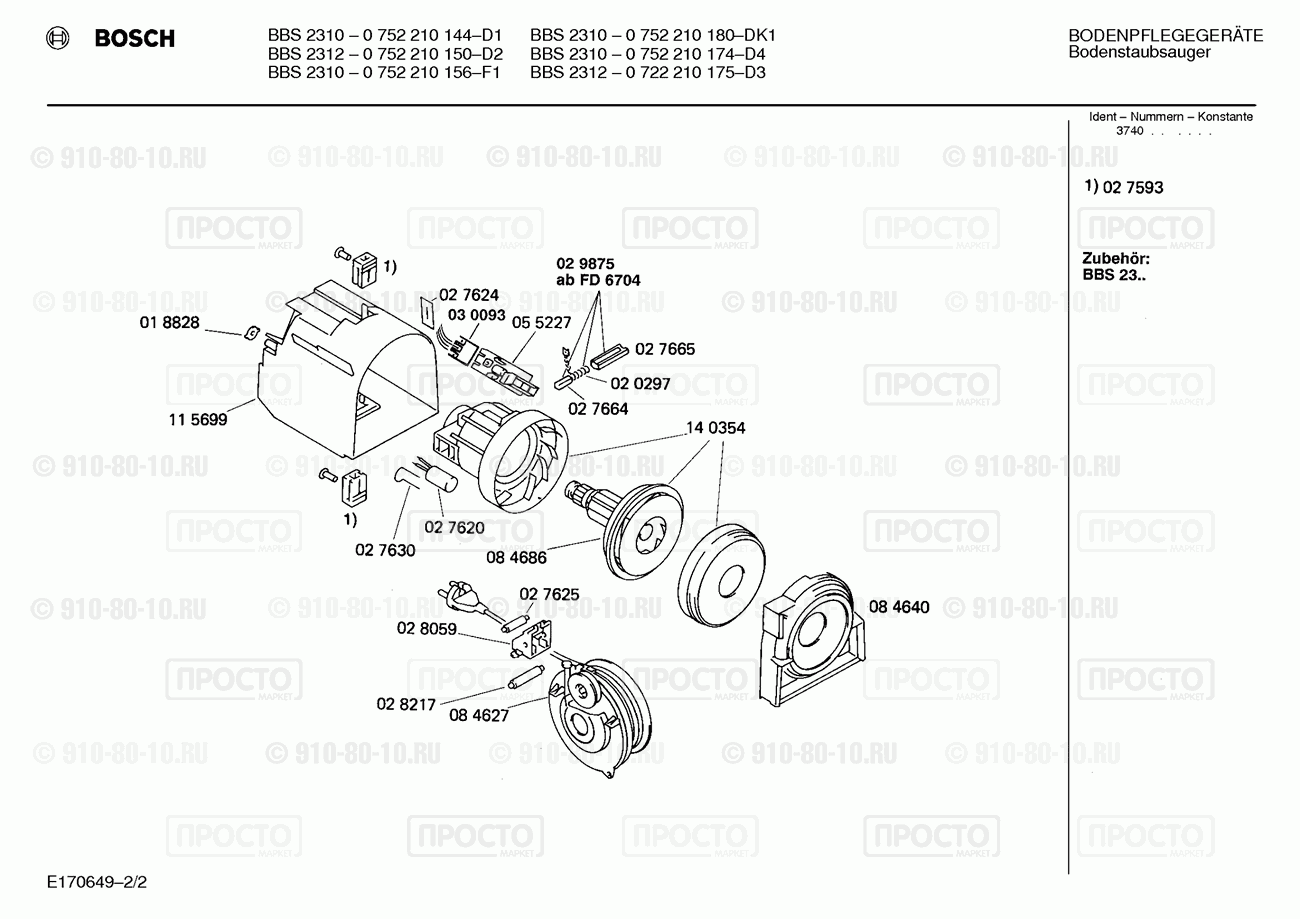 Пылесос Bosch 0752210150(00) - взрыв-схема