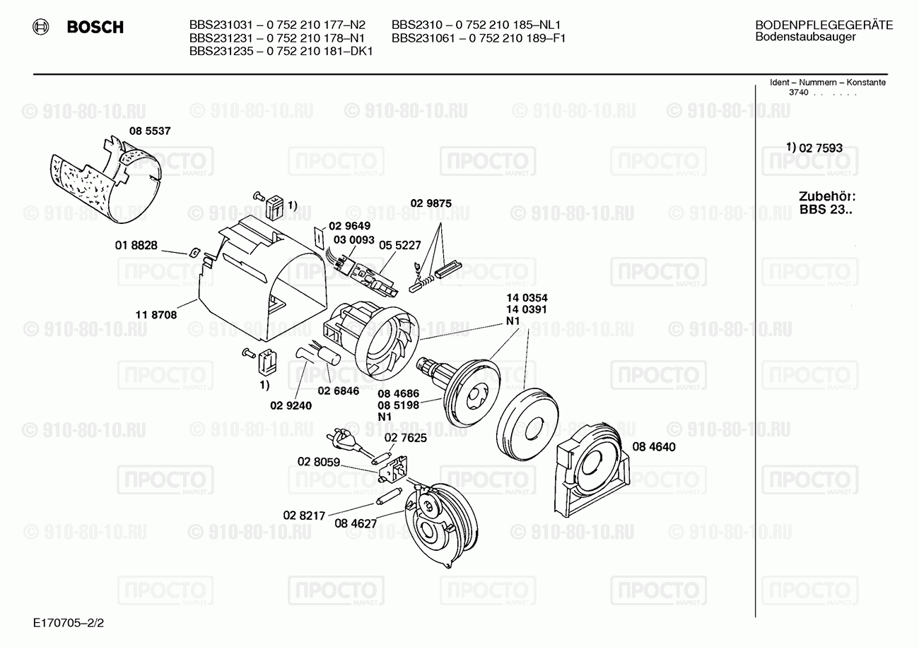 Пылесос Bosch 0752210177(00) - взрыв-схема