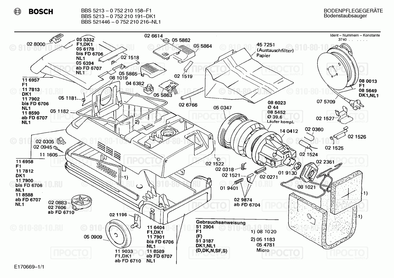 Пылесос Bosch 0752210216(00) - взрыв-схема