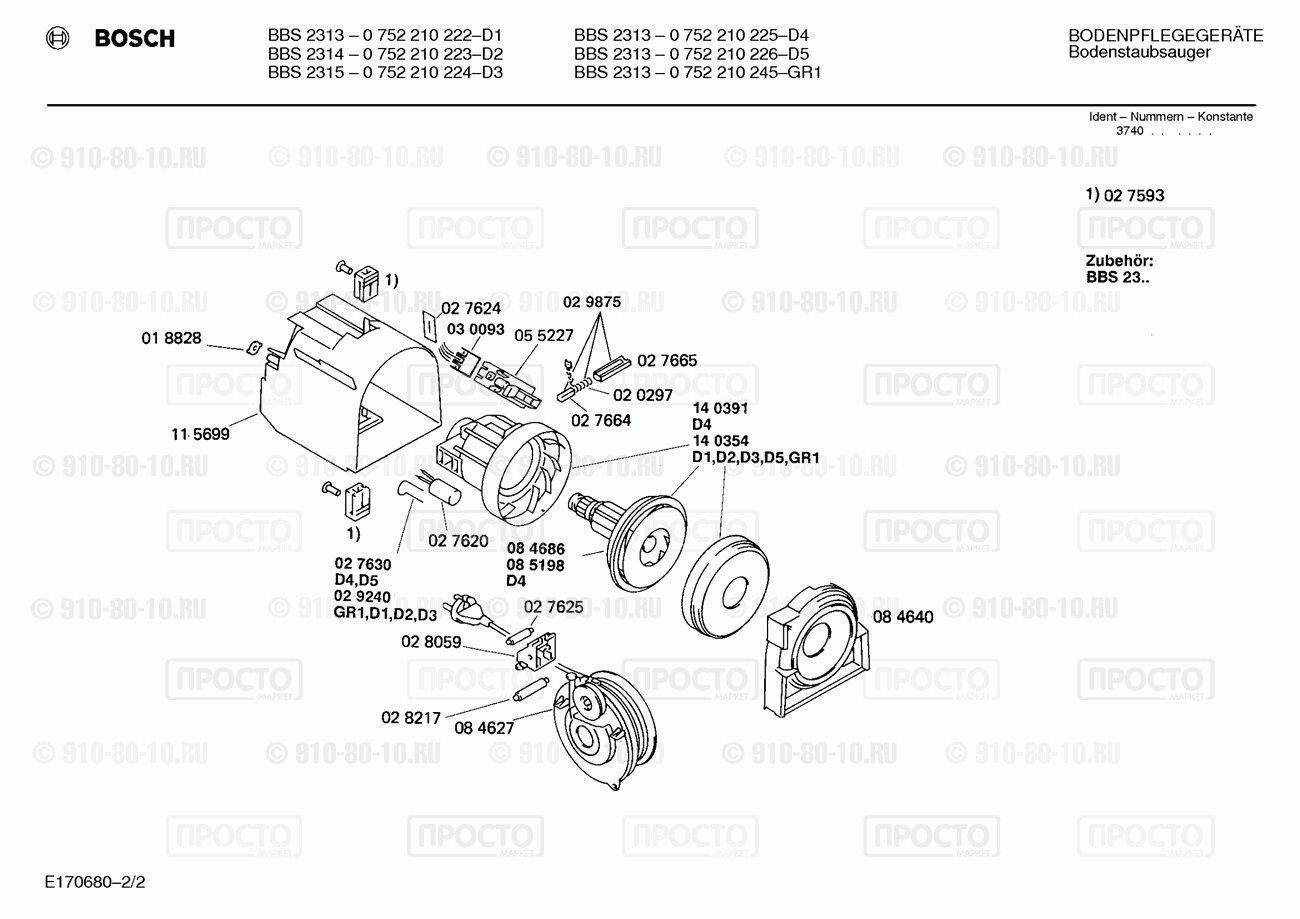 Пылесос Bosch 0752210223(00) - взрыв-схема