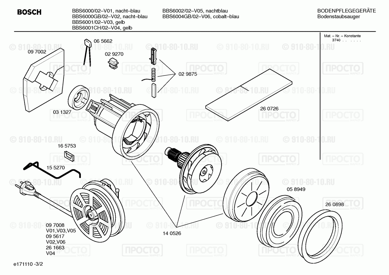 Пылесос Bosch BBS6002/02 - взрыв-схема