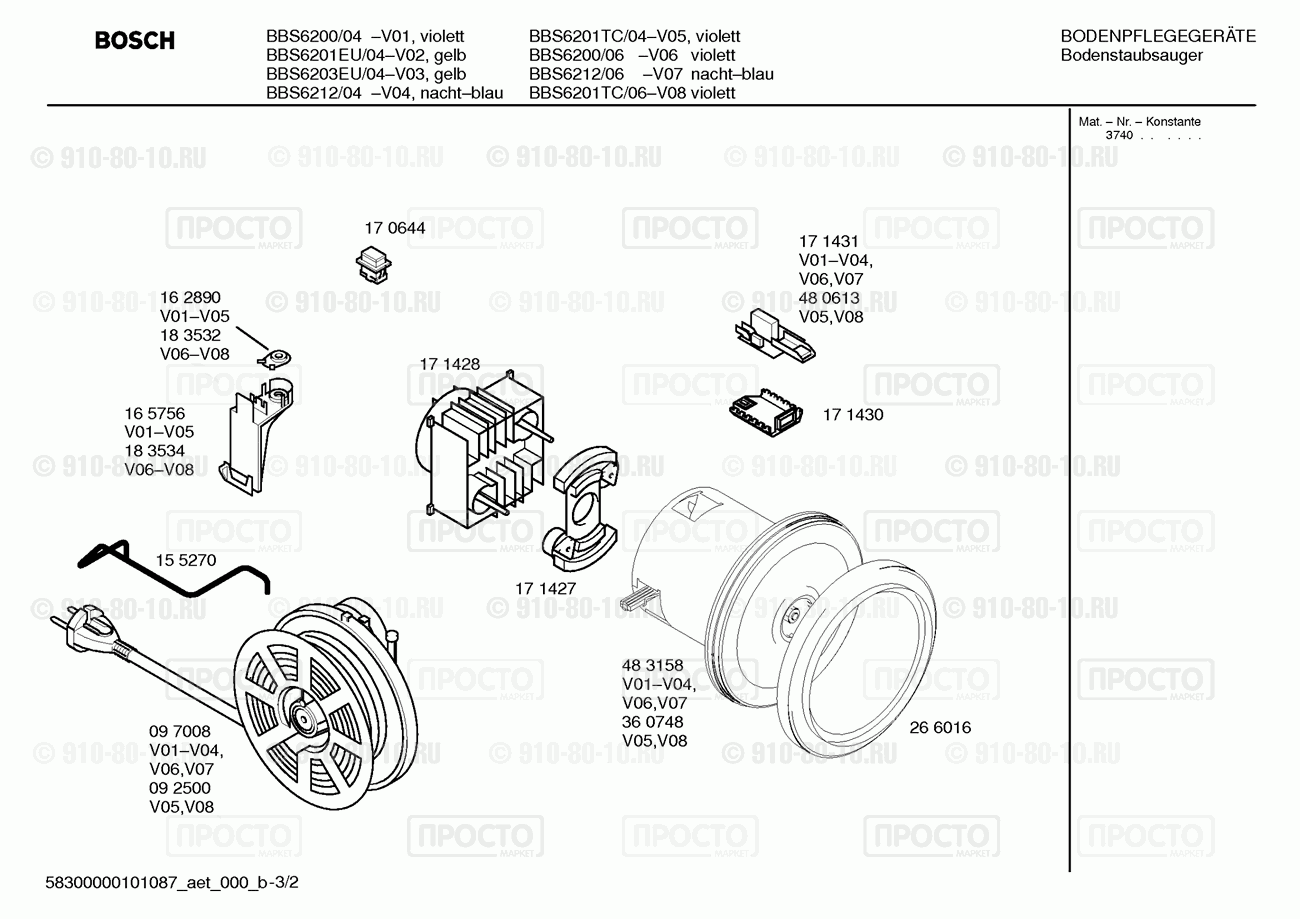 Пылесос Bosch BBS6200/04 - взрыв-схема