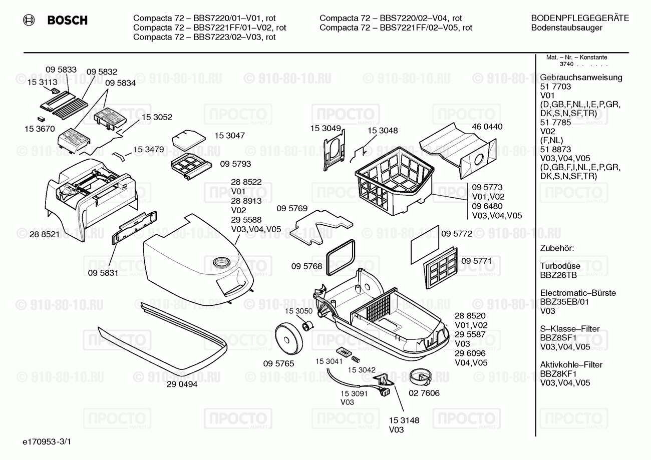 Пылесос Bosch BBS7220/01 - взрыв-схема