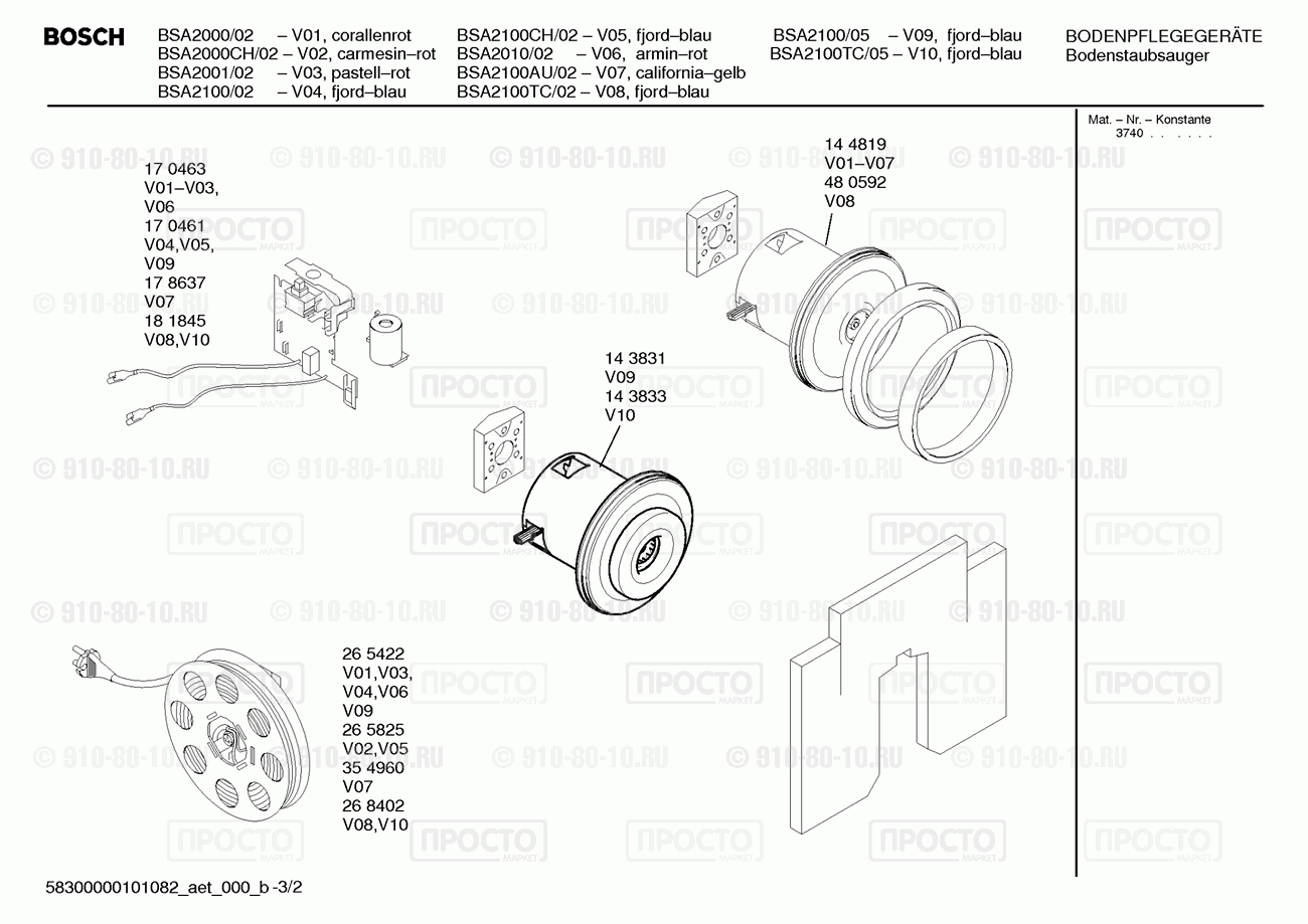 Пылесос Bosch BSA2000/02 - взрыв-схема